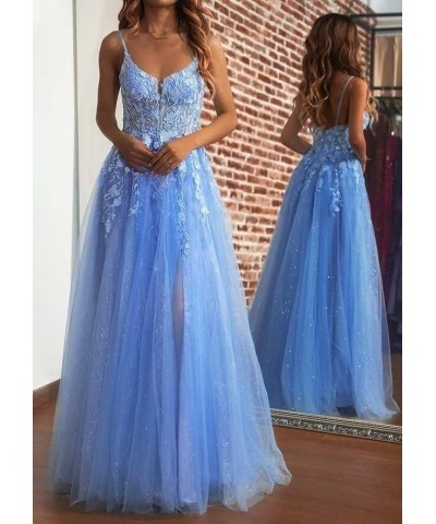 Lace Appliques Tulle Prom Dresses Long Ball Gown 2024 Spaghetti Straps Wedding Formal Evening Gowns with Slit Royal Blue $43....