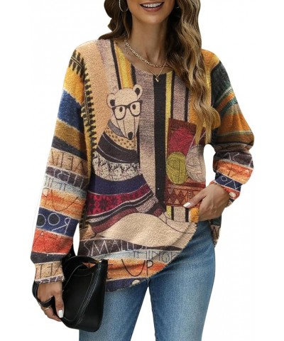 Women Graphic Oversized Sweater Crew Neck Long Sleeve Boho Printed Loose Fit Casual Knit Pullover Sweaters Top Bear $20.16 Sw...