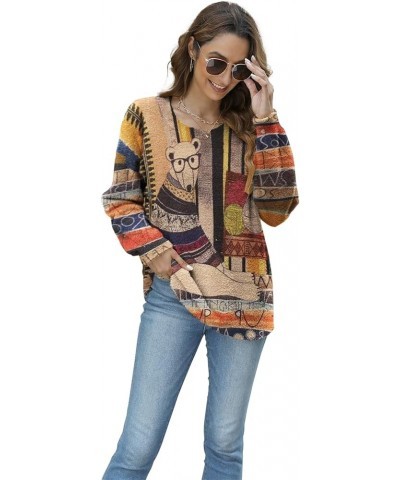 Women Graphic Oversized Sweater Crew Neck Long Sleeve Boho Printed Loose Fit Casual Knit Pullover Sweaters Top Bear $20.16 Sw...