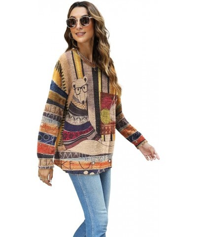 Women Graphic Oversized Sweater Crew Neck Long Sleeve Boho Printed Loose Fit Casual Knit Pullover Sweaters Top Bear $20.16 Sw...