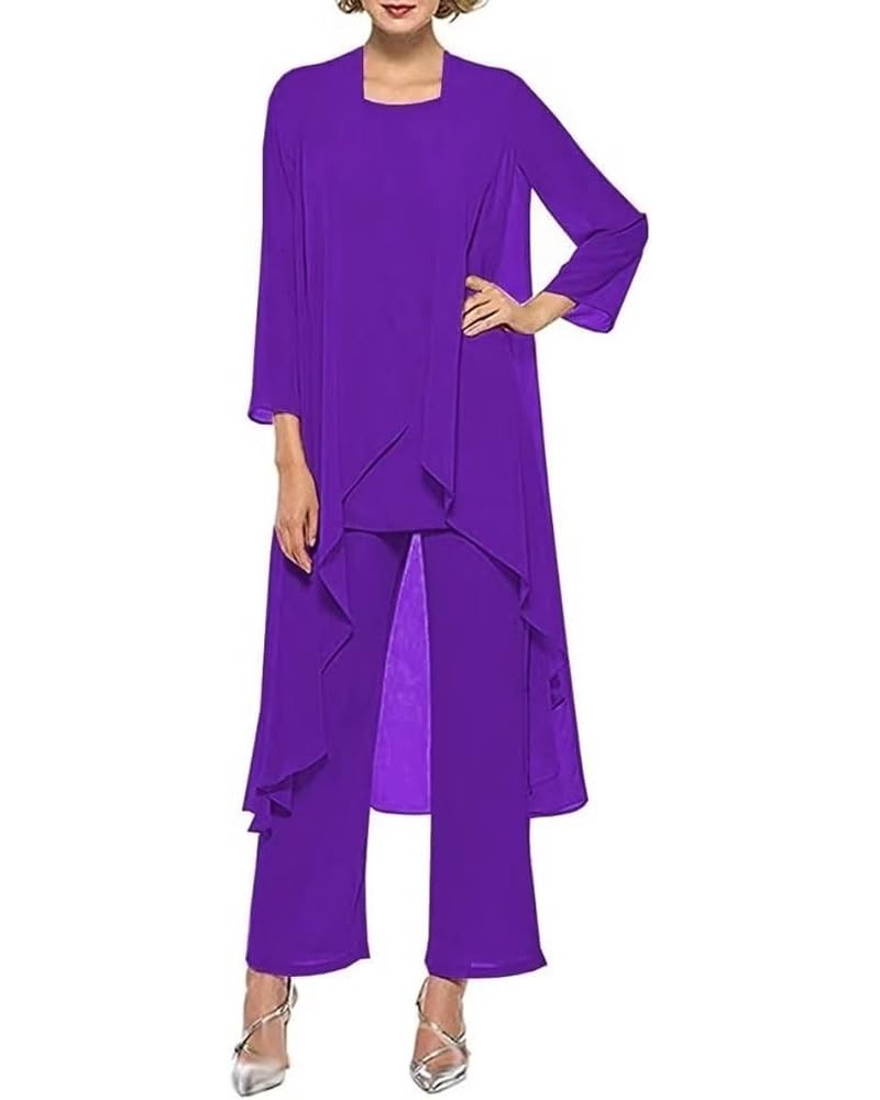 3 Pieces Mother of The Bride Pantsuits for Wedding Chiffon Formal Pant Sets with Jackets Purple $32.39 Suits