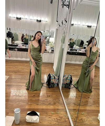 Women's V-Neck Cowl Satin Bridesmaid Dresses Long Mermaid Formal Dress with Slit CY011 Emerald Green $36.00 Dresses