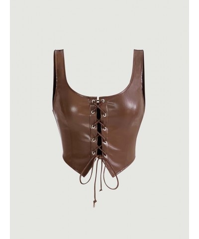 Women's PU Leather V Neck Solid Sleeveless Camisole Crop Tank Top Chocolate Brown $12.72 Tanks