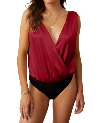 Sexy Bodysuit for Women Satin Drape Cowl Neck Sleeveless Spaghetti Strap Cami Backless Bodysuit Loose Tank Tops Red2 $17.22 L...