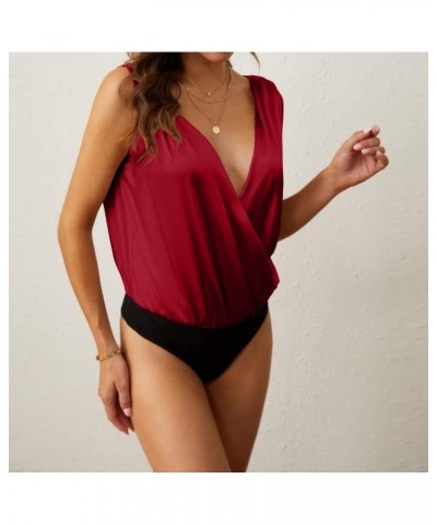 Sexy Bodysuit for Women Satin Drape Cowl Neck Sleeveless Spaghetti Strap Cami Backless Bodysuit Loose Tank Tops Red2 $17.22 L...