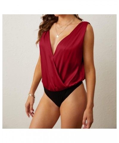 Sexy Bodysuit for Women Satin Drape Cowl Neck Sleeveless Spaghetti Strap Cami Backless Bodysuit Loose Tank Tops Red2 $17.22 L...