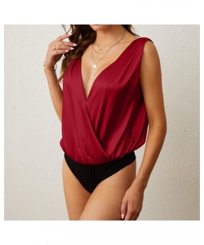 Sexy Bodysuit for Women Satin Drape Cowl Neck Sleeveless Spaghetti Strap Cami Backless Bodysuit Loose Tank Tops Red2 $17.22 L...