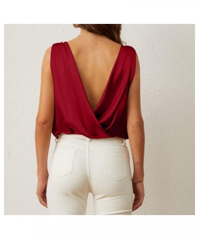 Sexy Bodysuit for Women Satin Drape Cowl Neck Sleeveless Spaghetti Strap Cami Backless Bodysuit Loose Tank Tops Red2 $17.22 L...