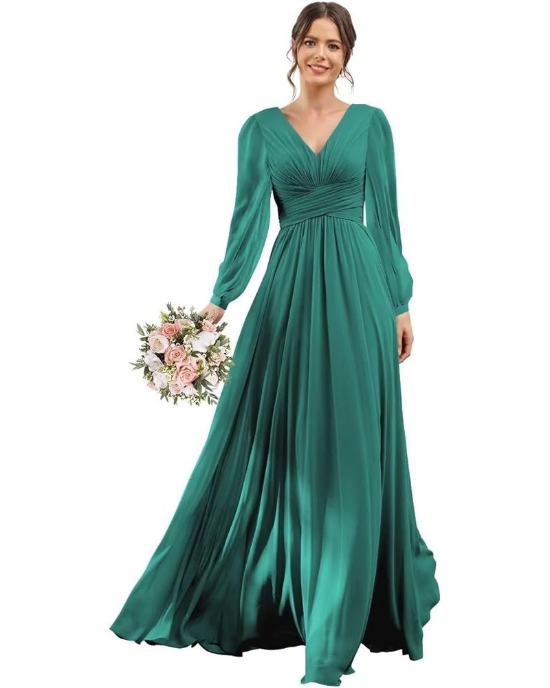 V-Neck Long Sleeves Bridesmaid Dresses Long with Slit Pleated Chiffon A-line Formal Party Dresses with Pockets YO090 Peacock ...