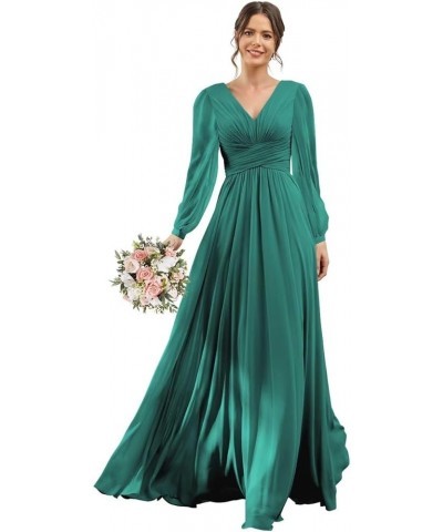 V-Neck Long Sleeves Bridesmaid Dresses Long with Slit Pleated Chiffon A-line Formal Party Dresses with Pockets YO090 Peacock ...