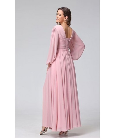 V-Neck Long Sleeves Bridesmaid Dresses Long with Slit Pleated Chiffon A-line Formal Party Dresses with Pockets YO090 Peacock ...