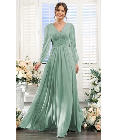 V-Neck Long Sleeves Bridesmaid Dresses Long with Slit Pleated Chiffon A-line Formal Party Dresses with Pockets YO090 Peacock ...