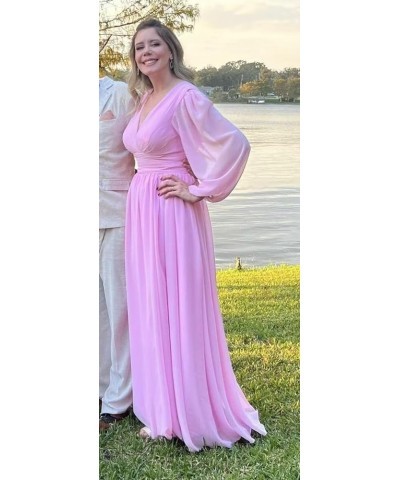 V-Neck Long Sleeves Bridesmaid Dresses Long with Slit Pleated Chiffon A-line Formal Party Dresses with Pockets YO090 Peacock ...