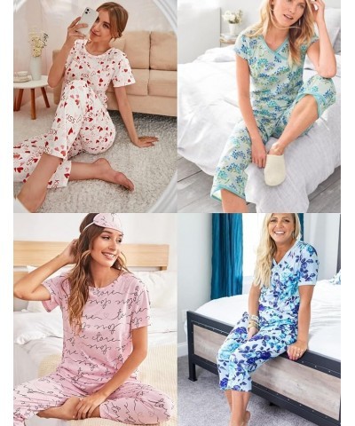 Women's Capri Pajama Sets Floral Print Short Sleeve Sleepwear Top and Capri Pants 2 Piece Loungewear with Pockets Purple Flow...