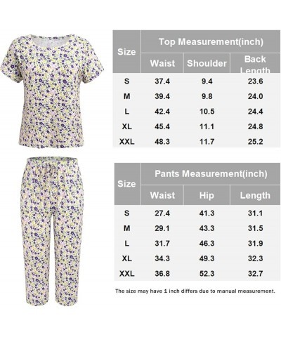 Women's Capri Pajama Sets Floral Print Short Sleeve Sleepwear Top and Capri Pants 2 Piece Loungewear with Pockets Purple Flow...