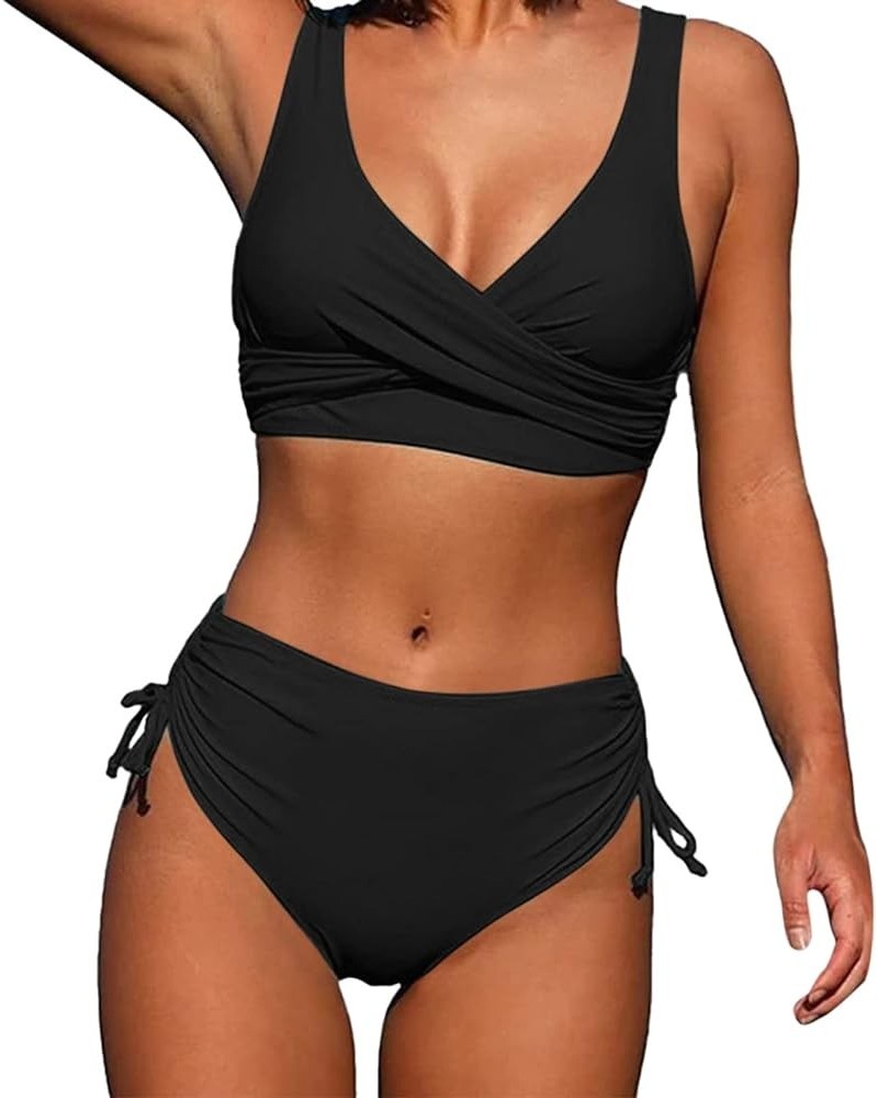 Swimsuit for Women 2024 Bikini Sexy V Neck Thong Bottom Two Piece Cute Triangle Bathing Z01-black-lightning Deals $4.19 Swims...