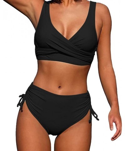 Swimsuit for Women 2024 Bikini Sexy V Neck Thong Bottom Two Piece Cute Triangle Bathing Z01-black-lightning Deals $4.19 Swims...