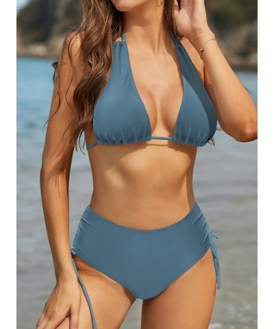 Women's High Waisted Two Piece Swimsuit Halter Triangle Bikini Set Sexy Bathing Suit Airy Blue $21.80 Swimsuits