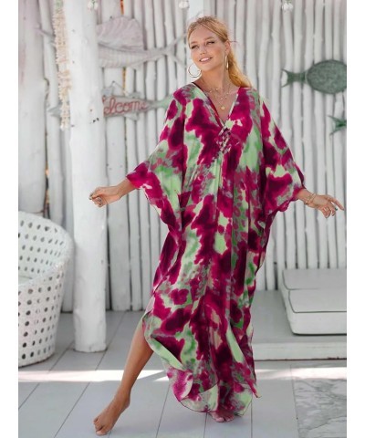 Women Geometric Print Kaftan Dresses Caftans Loungewear with Waist Drawstring B34 $20.29 Swimsuits