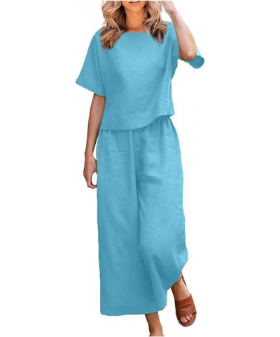 Vacation Outfits for Women Solid Sets Short Sleeve Tshirt Tops Baggy Pockets Wide Leg Cropped Pants Tracksuits A18-light Blue...