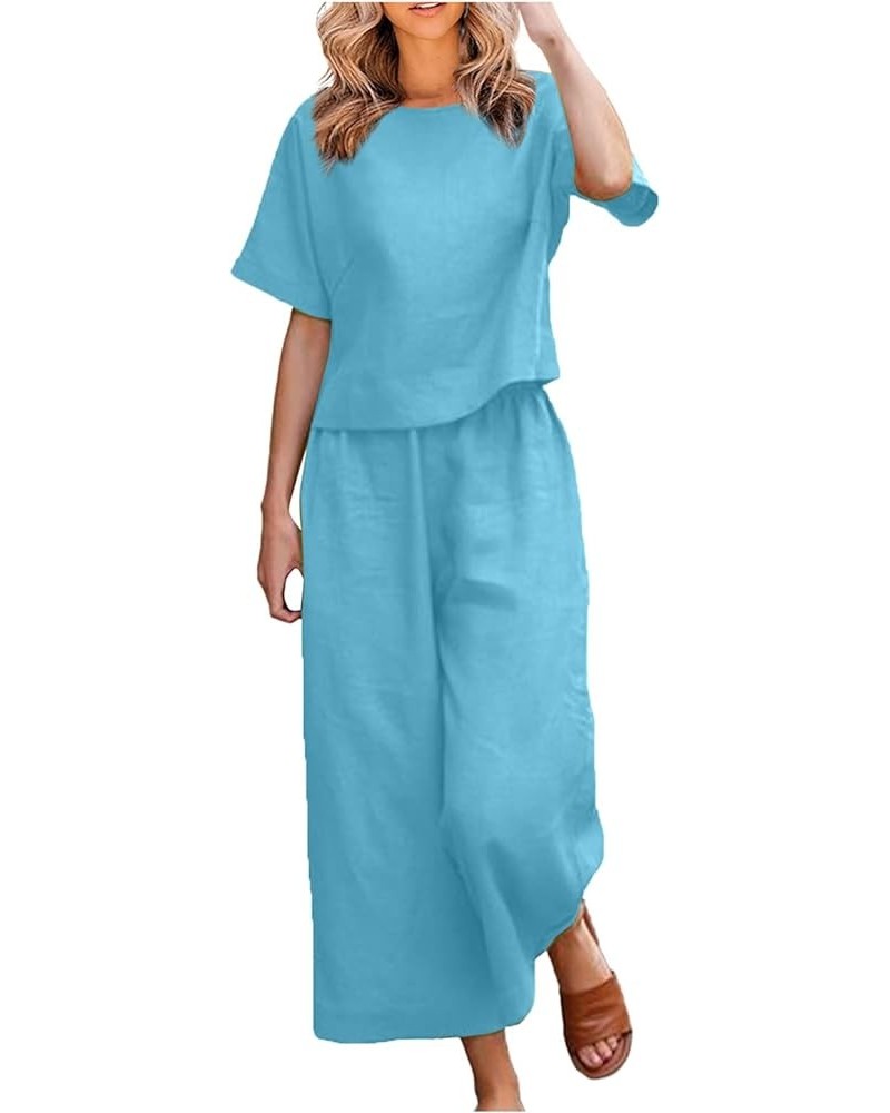 Vacation Outfits for Women Solid Sets Short Sleeve Tshirt Tops Baggy Pockets Wide Leg Cropped Pants Tracksuits A18-light Blue...