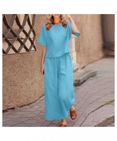 Vacation Outfits for Women Solid Sets Short Sleeve Tshirt Tops Baggy Pockets Wide Leg Cropped Pants Tracksuits A18-light Blue...