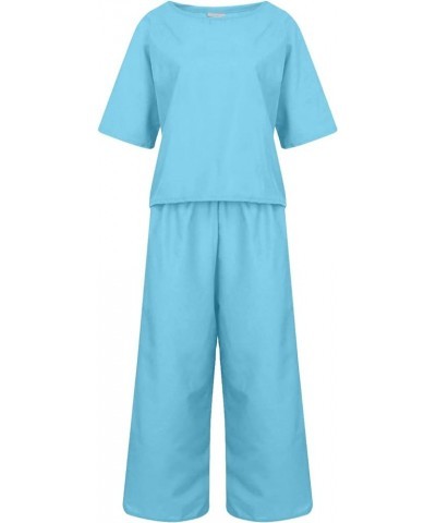 Vacation Outfits for Women Solid Sets Short Sleeve Tshirt Tops Baggy Pockets Wide Leg Cropped Pants Tracksuits A18-light Blue...