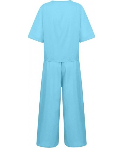 Vacation Outfits for Women Solid Sets Short Sleeve Tshirt Tops Baggy Pockets Wide Leg Cropped Pants Tracksuits A18-light Blue...