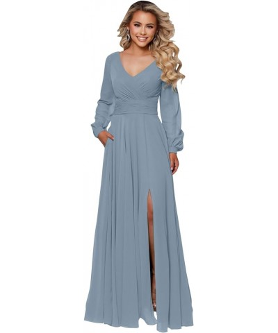 Long Sleeve Bridesmaid Dresses with Slit for Women Ruched A Line Chiffon Formal Evening Dress Dusty Blue $33.79 Dresses