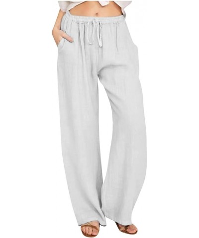 Linen Pants for Women Casual Drawstring Elastic Waist Long Flowy Lounge Pants with Pockets High-Waisted Wide Leg Pants F-whit...