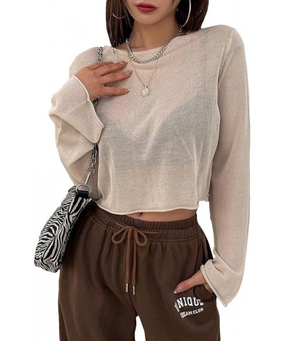 Women's Long Sleeve Mesh Crop Top Crewneck Knit Pullover Tops See Through Tee Tops Apricot $10.07 T-Shirts