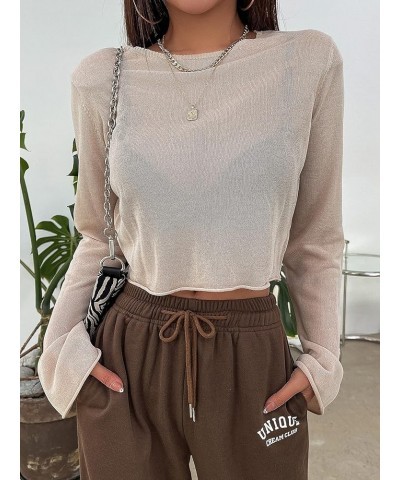 Women's Long Sleeve Mesh Crop Top Crewneck Knit Pullover Tops See Through Tee Tops Apricot $10.07 T-Shirts