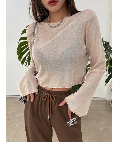 Women's Long Sleeve Mesh Crop Top Crewneck Knit Pullover Tops See Through Tee Tops Apricot $10.07 T-Shirts