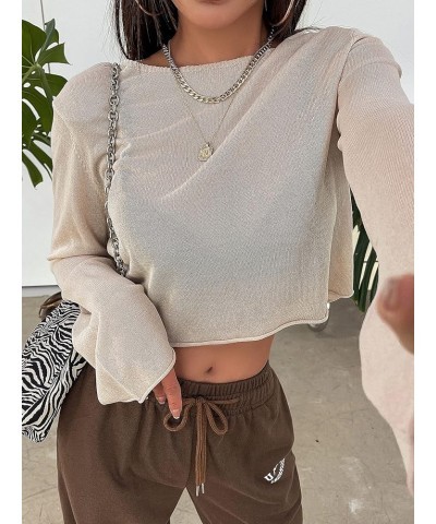 Women's Long Sleeve Mesh Crop Top Crewneck Knit Pullover Tops See Through Tee Tops Apricot $10.07 T-Shirts