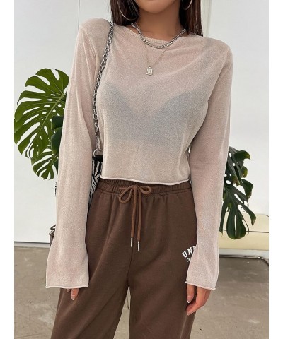 Women's Long Sleeve Mesh Crop Top Crewneck Knit Pullover Tops See Through Tee Tops Apricot $10.07 T-Shirts