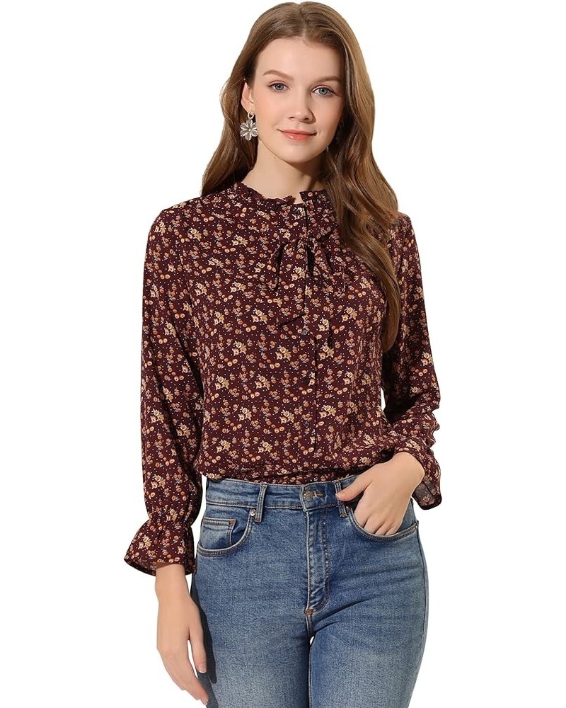 Women's Vintage Floral Bow Tie Neck Button Up Ruffled Collar Casual Blouse Burgundy $13.24 Blouses