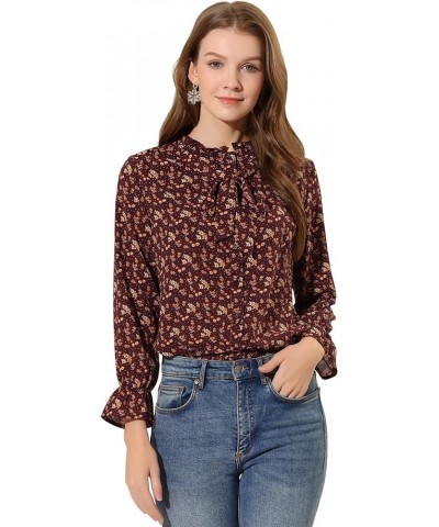 Women's Vintage Floral Bow Tie Neck Button Up Ruffled Collar Casual Blouse Burgundy $13.24 Blouses