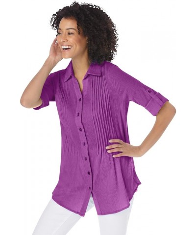 Women's Plus Size Pintucked Button Down Gauze Shirt Purple Magenta $19.42 Blouses