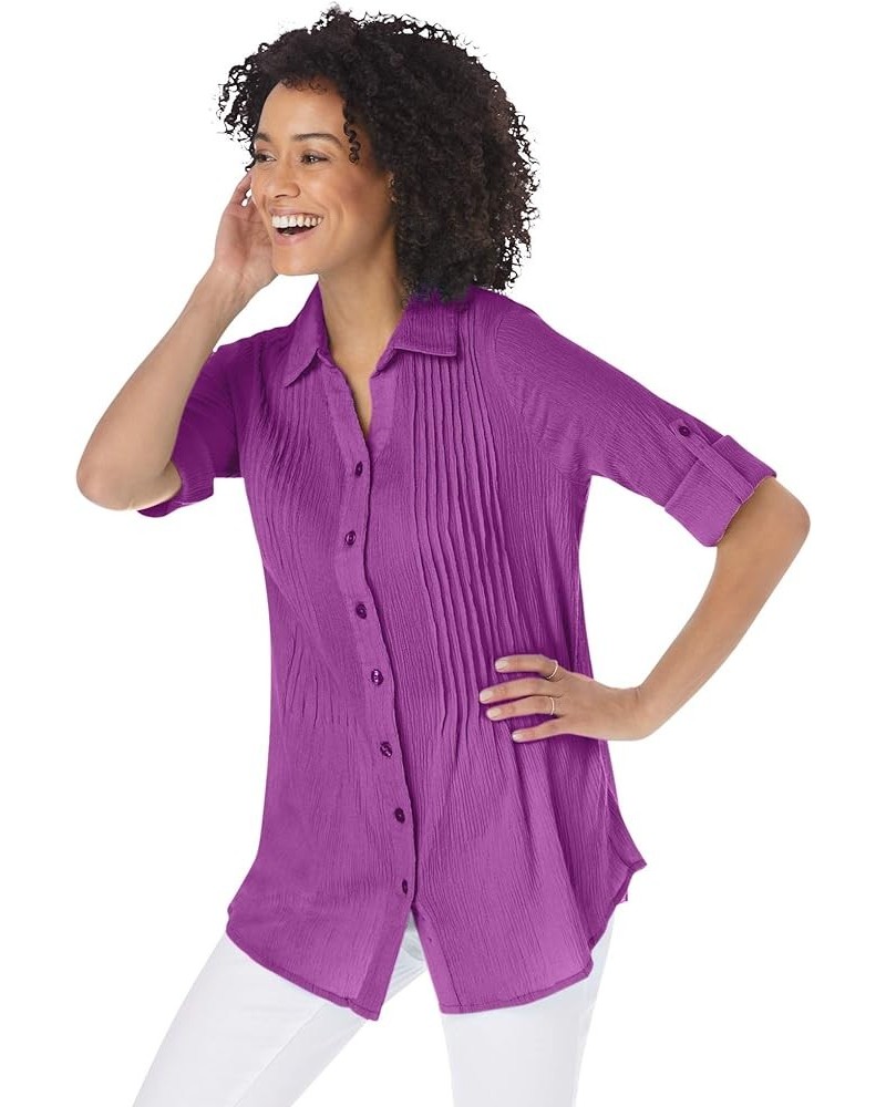 Women's Plus Size Pintucked Button Down Gauze Shirt Purple Magenta $19.42 Blouses