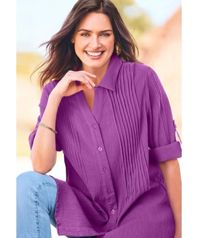 Women's Plus Size Pintucked Button Down Gauze Shirt Purple Magenta $19.42 Blouses