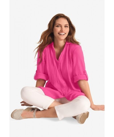 Women's Plus Size Pintucked Button Down Gauze Shirt Purple Magenta $19.42 Blouses