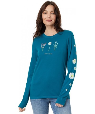 Women's Detailed Wildflowers Long Sleeve Crusher Tee Mallard Green Medium $13.25 T-Shirts