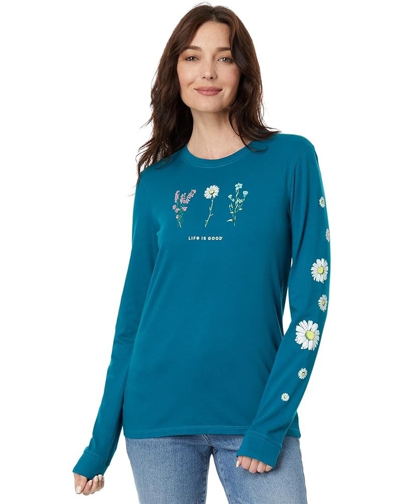 Women's Detailed Wildflowers Long Sleeve Crusher Tee Mallard Green Medium $13.25 T-Shirts