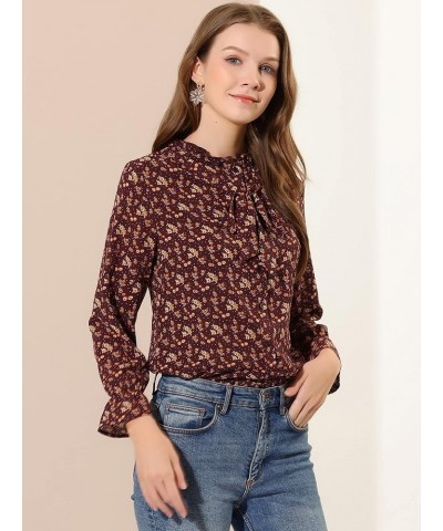 Women's Vintage Floral Bow Tie Neck Button Up Ruffled Collar Casual Blouse Burgundy $13.24 Blouses