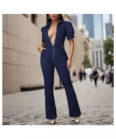 Sexy Bodycon Denim Jumpsuits for Women Trendy Sleeveless Button Down Bell Bottom Jumpsuit Flared Y2K Jean Rompers Eba-dark Bl...