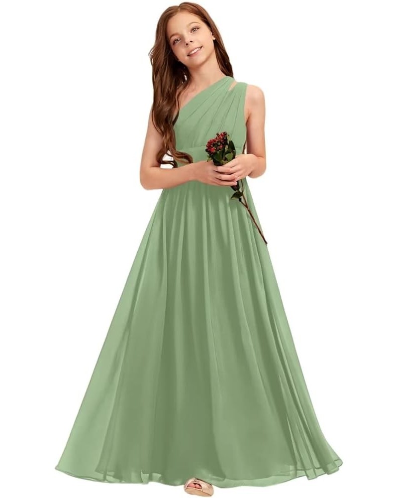 A-line One Shoulder Floor-Length Chiffon Junior Bridesmaid Dress for Wedding Teen Girls Party Gowns Basil $30.00 Dresses