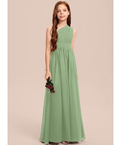 A-line One Shoulder Floor-Length Chiffon Junior Bridesmaid Dress for Wedding Teen Girls Party Gowns Basil $30.00 Dresses