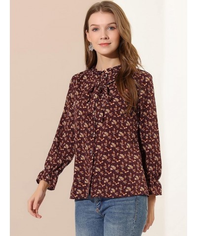 Women's Vintage Floral Bow Tie Neck Button Up Ruffled Collar Casual Blouse Burgundy $13.24 Blouses