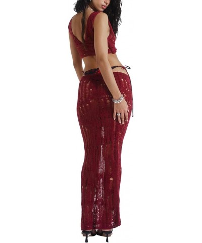 Women Sexy 2 Piece Outfit Set Sleeveless Lace Crop Bodycon Long Skirt Y2k Backless 2Pcs Skirt Set K-red $11.00 Suits