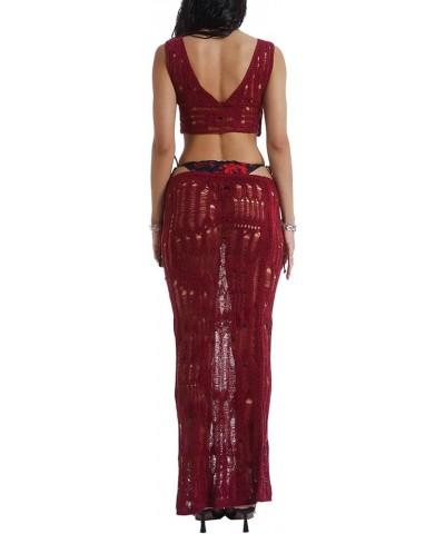 Women Sexy 2 Piece Outfit Set Sleeveless Lace Crop Bodycon Long Skirt Y2k Backless 2Pcs Skirt Set K-red $11.00 Suits